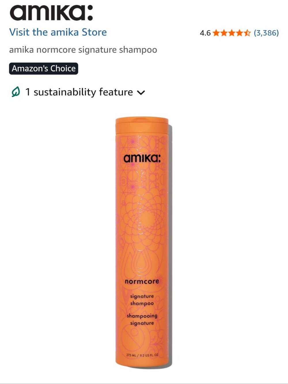 Amika Normcore Signature Shampoo 9.2 Oz 275mL NEW Sulfate Free Color Safe Vegan